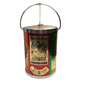 Vintage Kraftware Ice Bucket Martini Rossi King William Piper Gold Tone Flip Lid